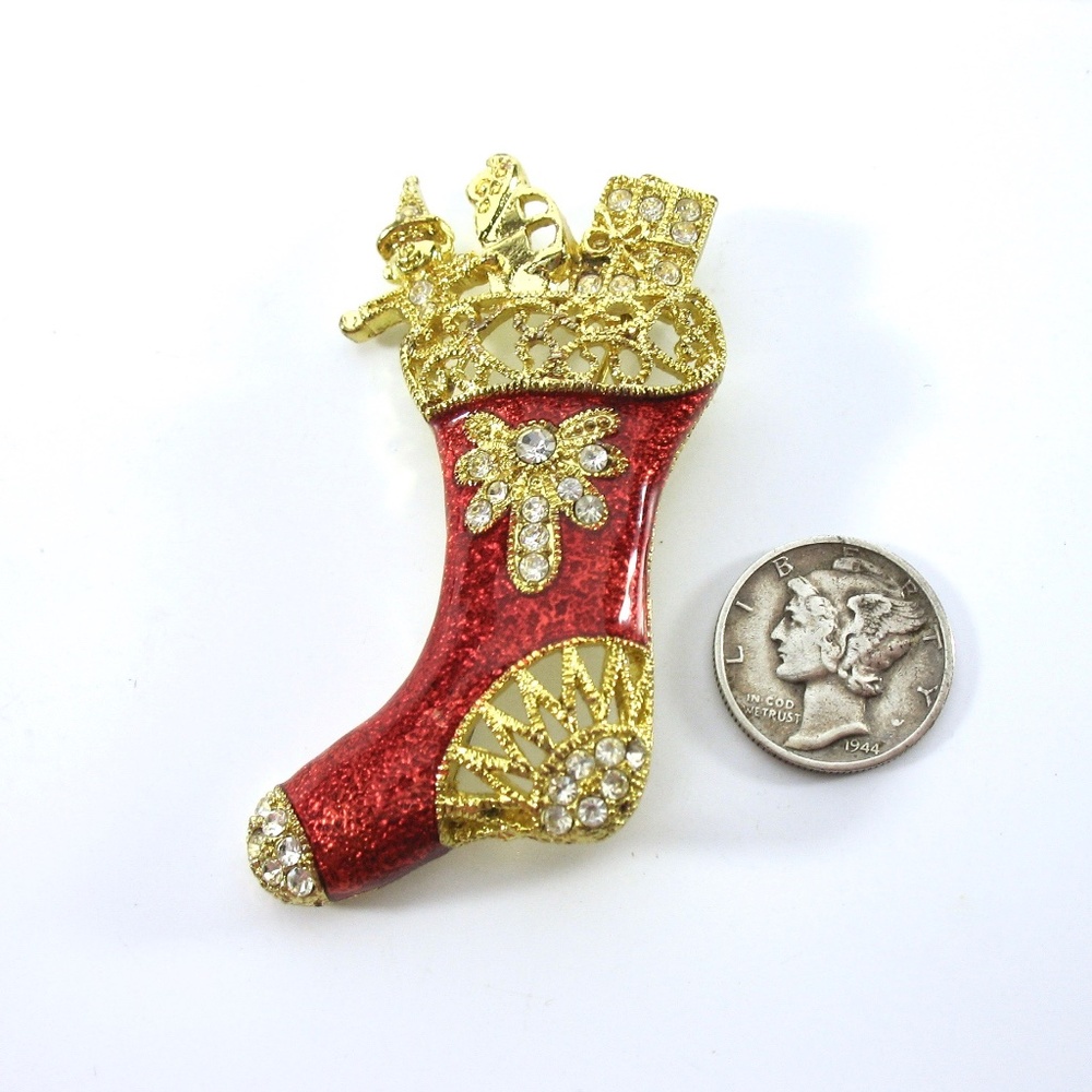 Christmas Brooch, Rhinestone Stocking Pin, Red - Picture 5 of 5